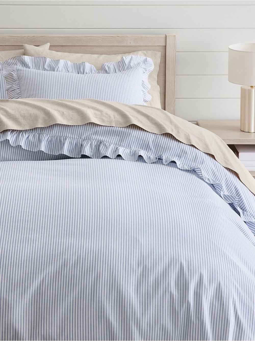 Pottery Barn Teen Blue Stripe Ruffle Duvet Cover and 2 pillow shams
